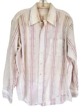 Vtg 60s 70s Disco Shirt Dagger Collar White Red Pinstripe Mens 15 1/2, 34 Sz XL